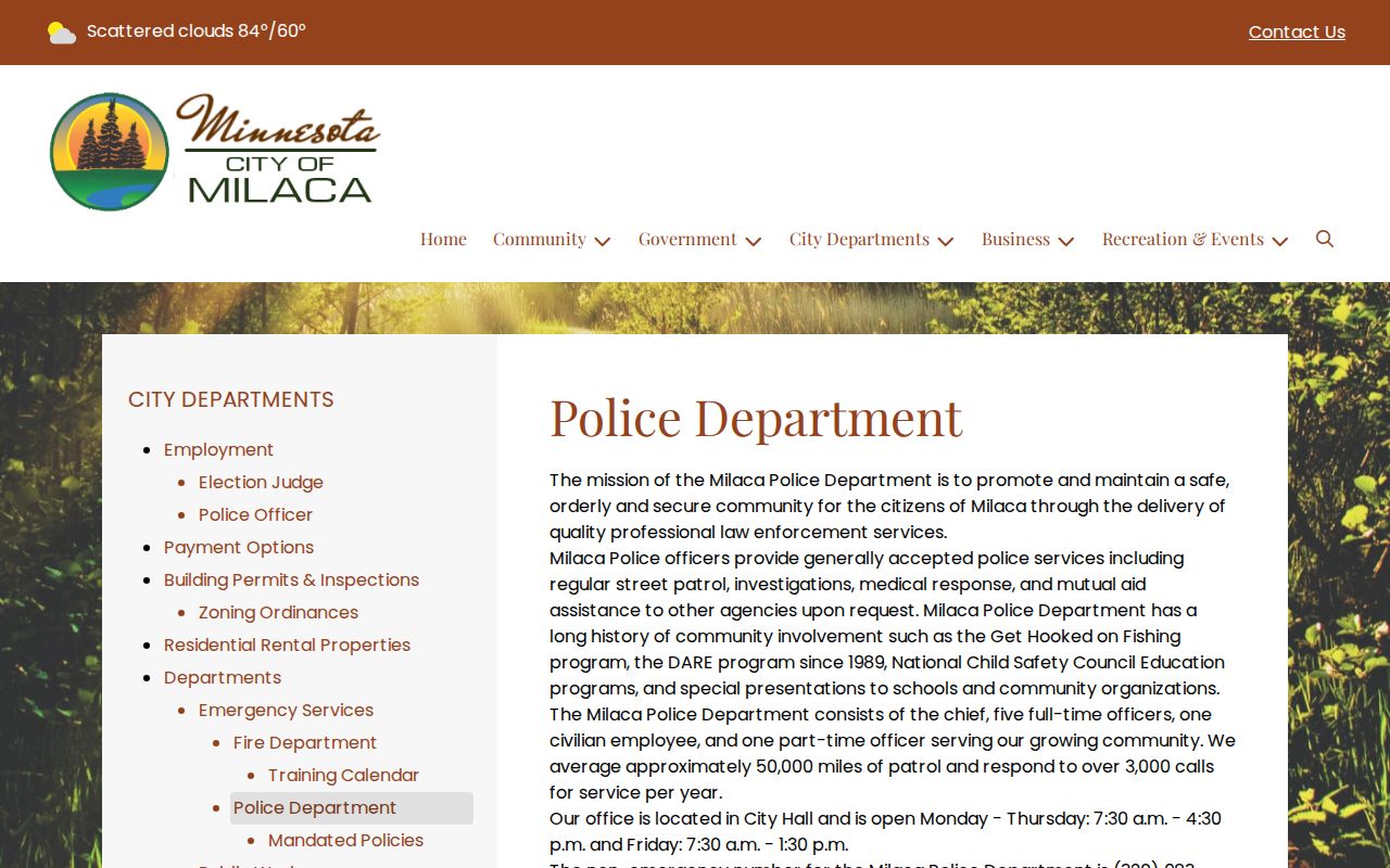 Milaca Police Department official records contact page for arrest records