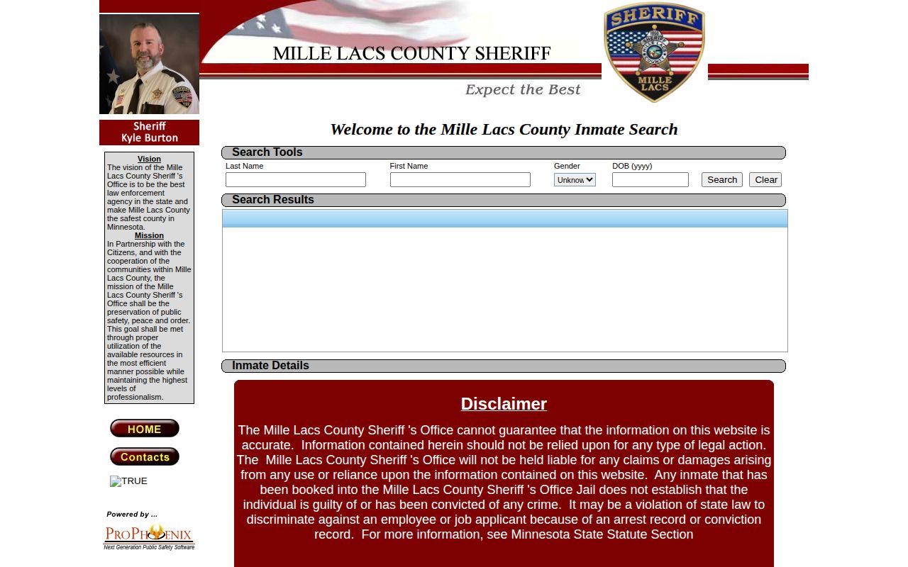 Mille Lacs County official current-custody booking roster search interface